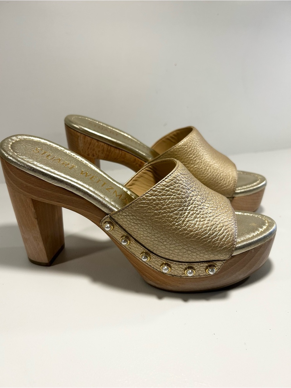 Stuart Weitzman Gold Leather Wood Platform Mules Pearl Heels 6.5B Spain
